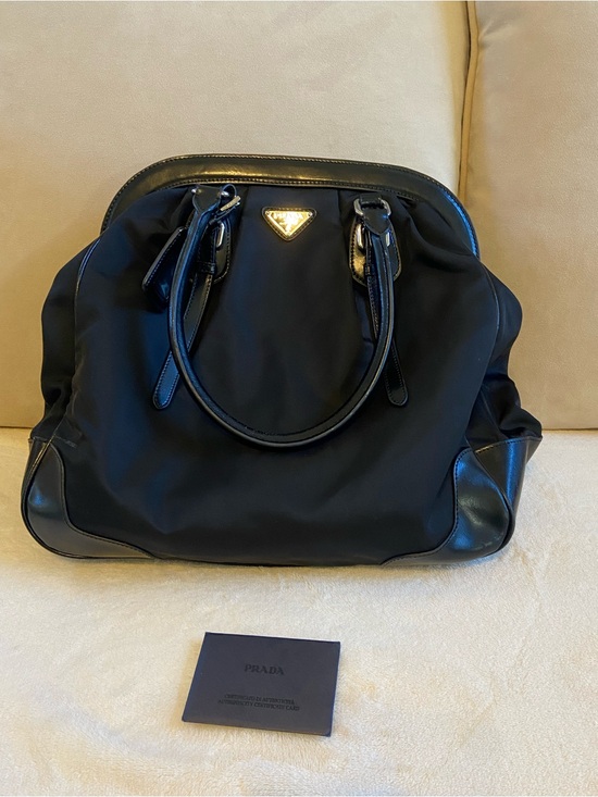 Prada Handbags - Prada Black Nylon Tote with Black Leather Trim and Gold Logo